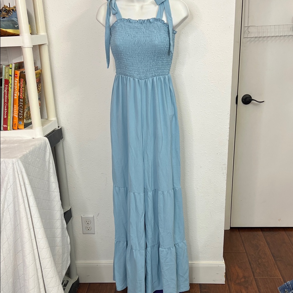 Chic Blue Smocked Jumpsuit with Tie Straps